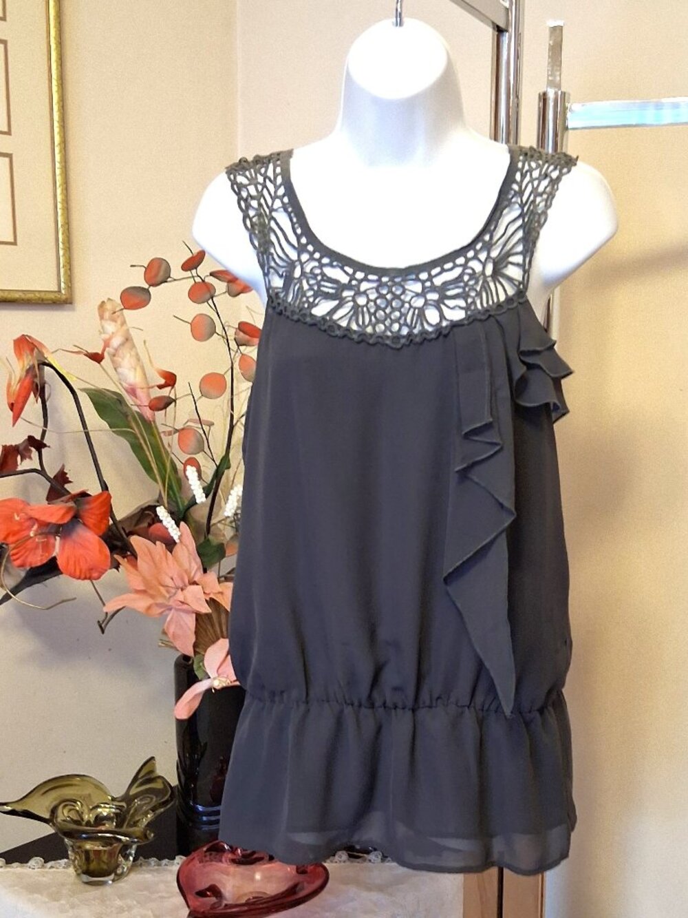 Unique Crochet Design Gray Lined Camisole Ruffle Soft Tank Top 6